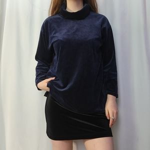 90s Sag Harbor Plush Velvet Velour Navy Longsleeve Turtleneck